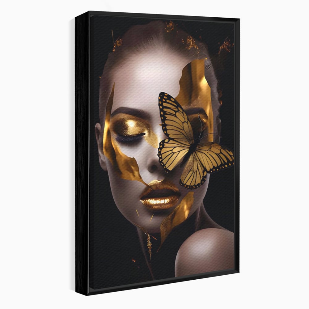 Tablou canvas cu tablou canvas cu portret de femeie si fluture auriu, in rama de aluminiu negru